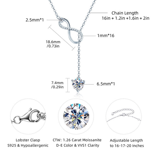 925 Sterling Silver Y Lariat Gold Plated 1.26CTW 6.5mm Round Cut All Moissanite Infinity Pendant Necklace for Women