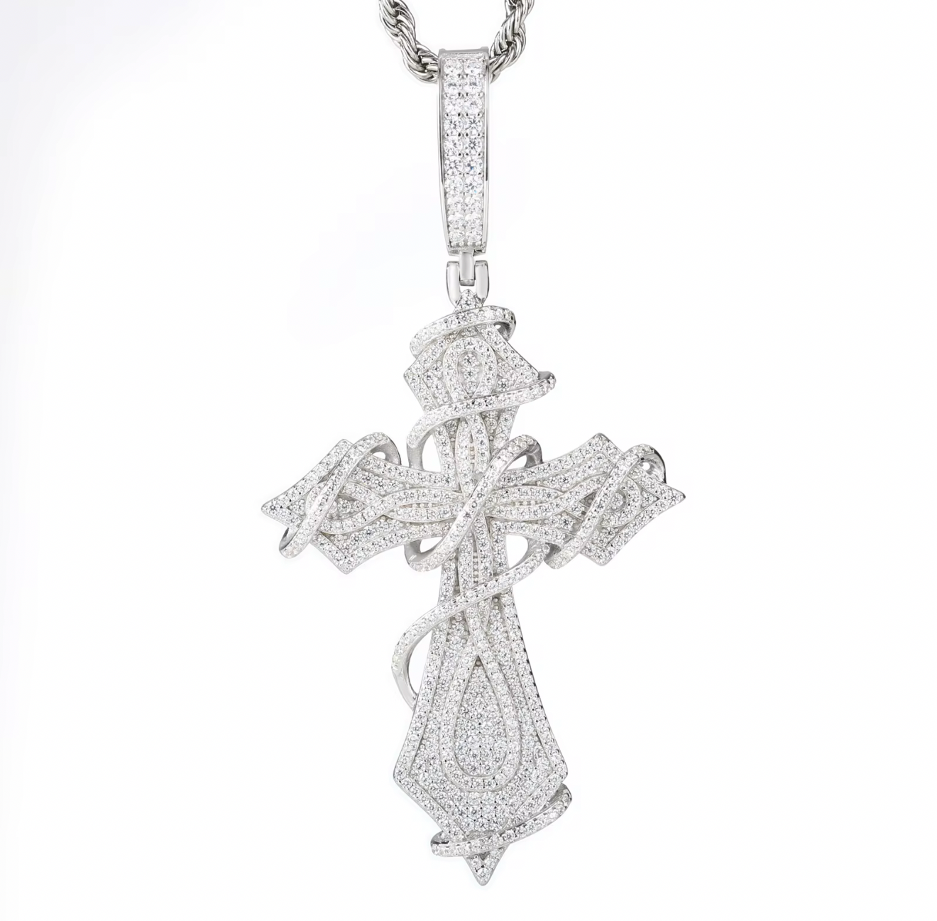Silver Thorns Cross with vvs moissanite Diamonds hip hop pendent.