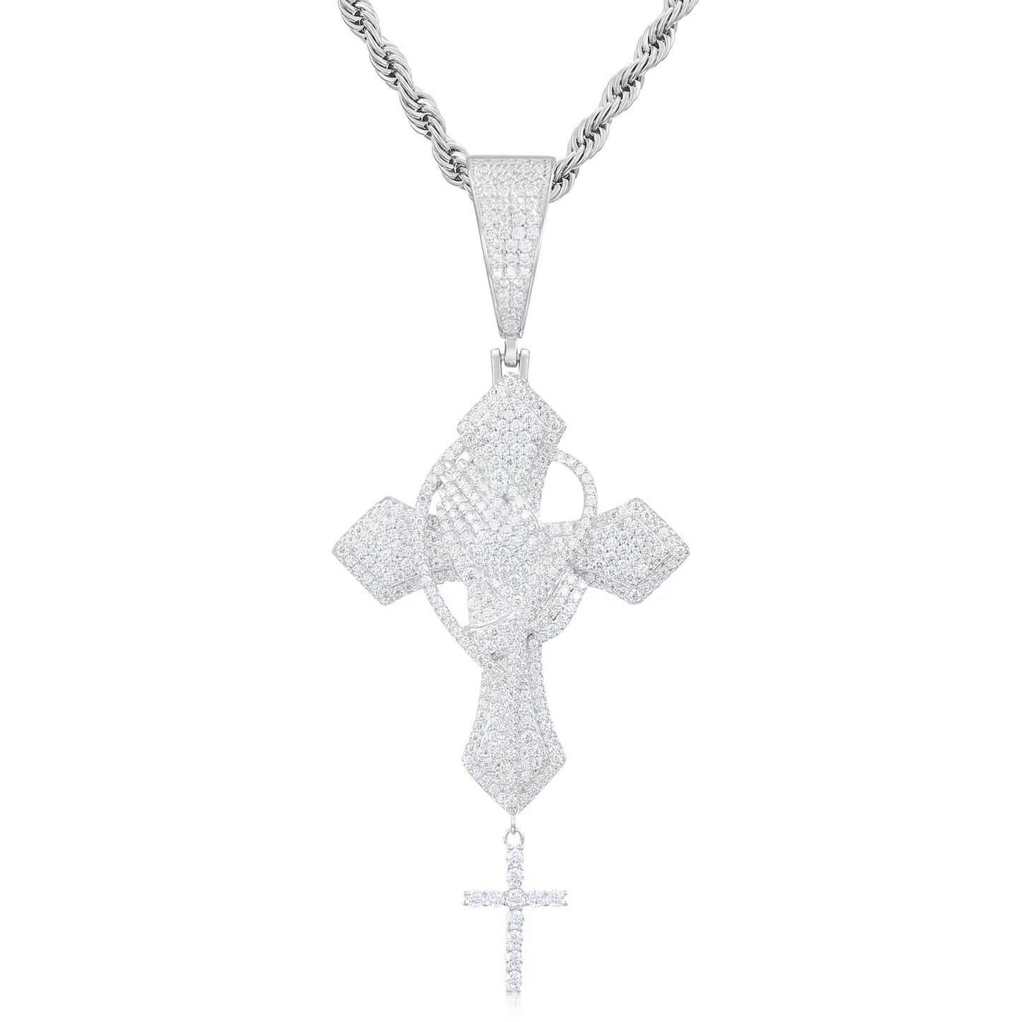 Silver Lab grown vvs moissanite praying Jesus hand with cross pendent.