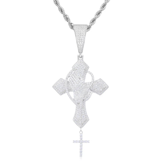 Silver Lab grown vvs moissanite praying Jesus hand with cross pendent.