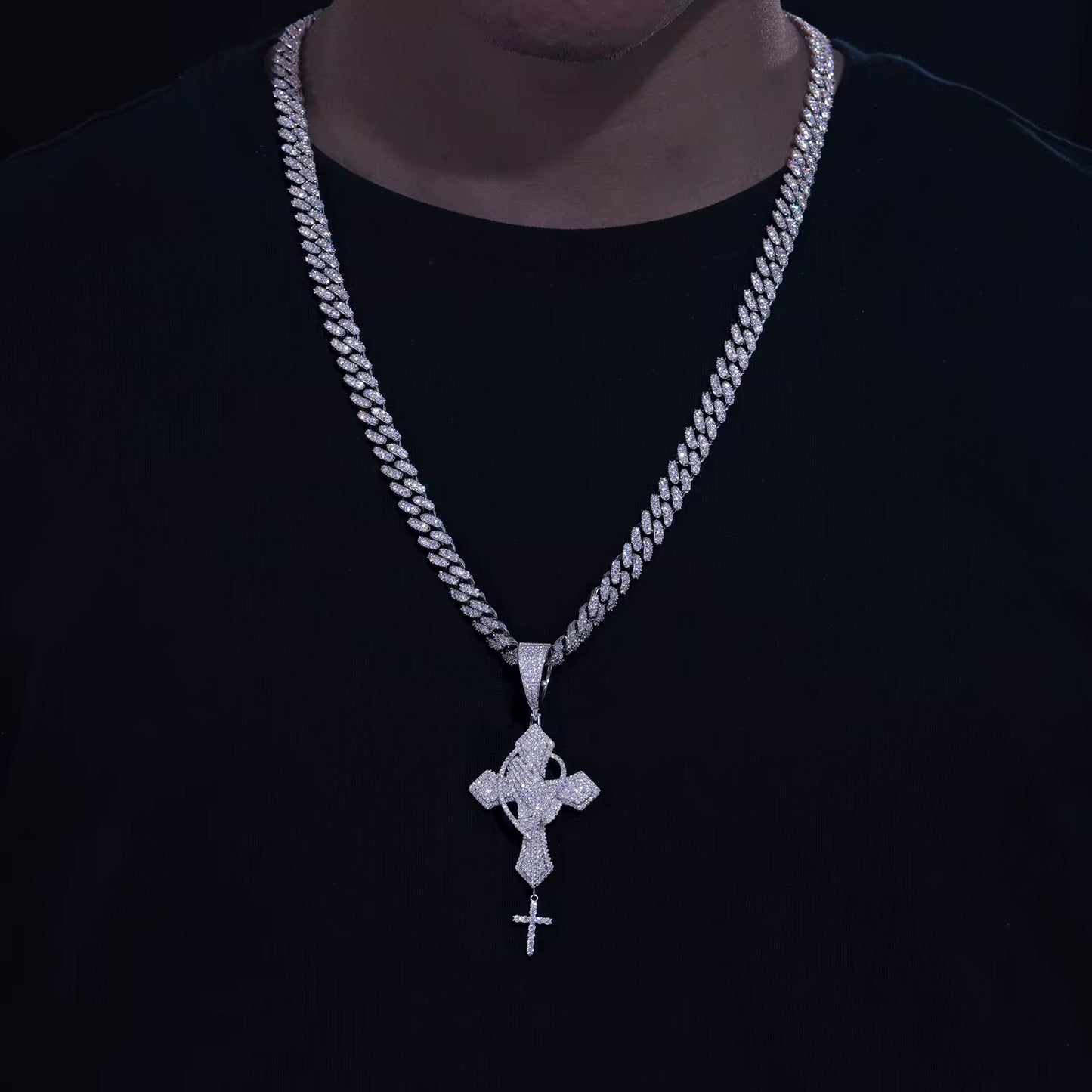 Silver Lab grown vvs moissanite praying Jesus hand with cross pendent.