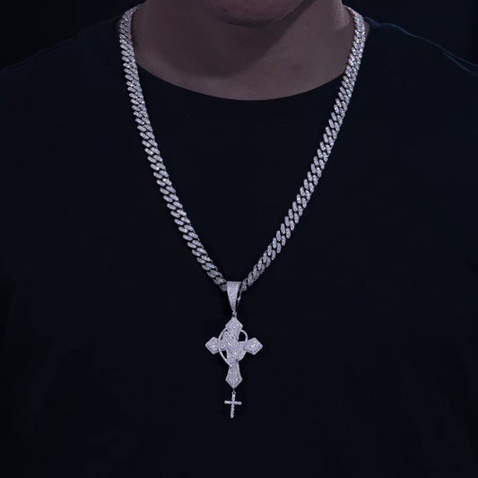 Silver Lab grown vvs moissanite praying Jesus hand with cross pendent.